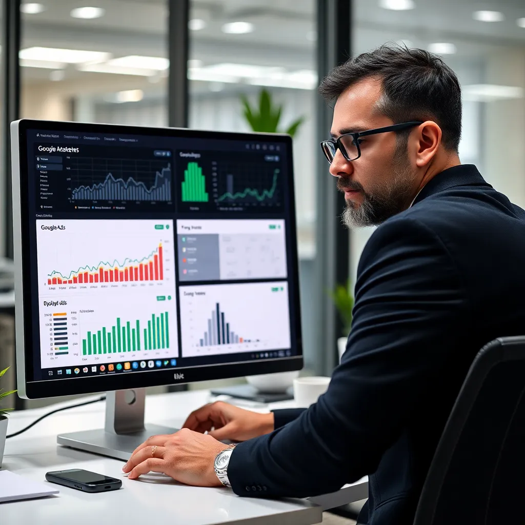 Маркетолог анализирует данные Google Ads на компьютере