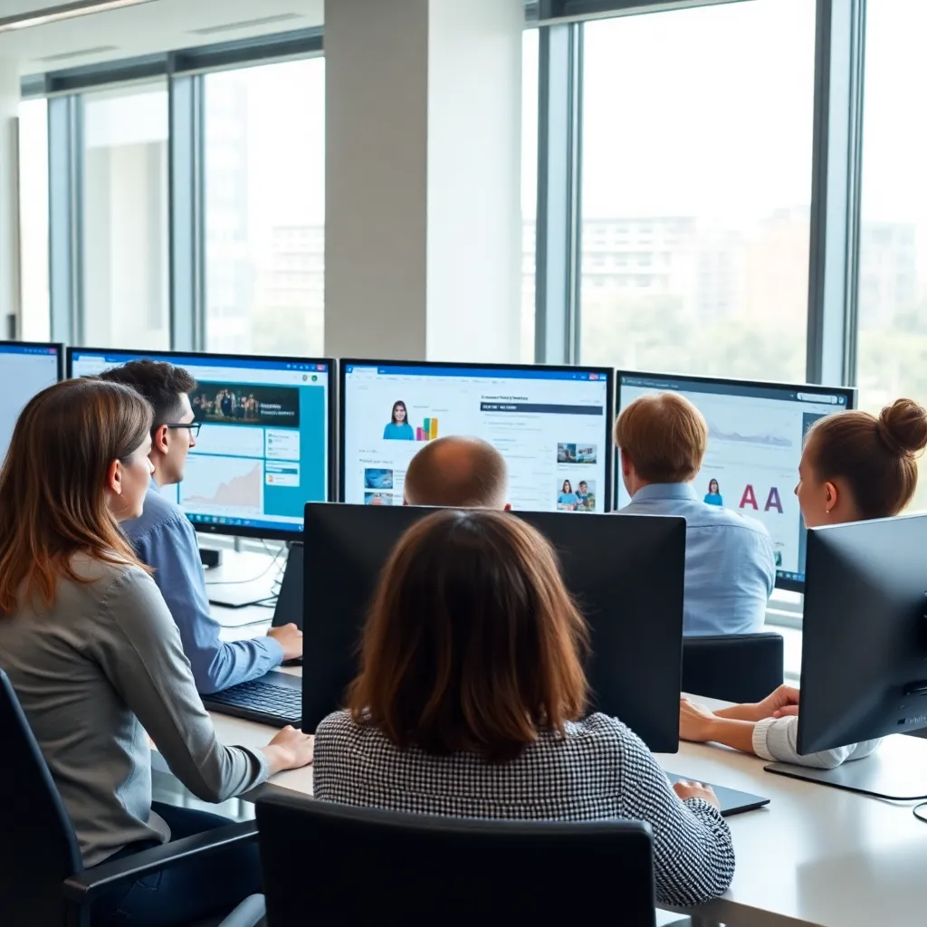 Группа студентов работает над настройкой рекламных кампаний на своих ноутбуках