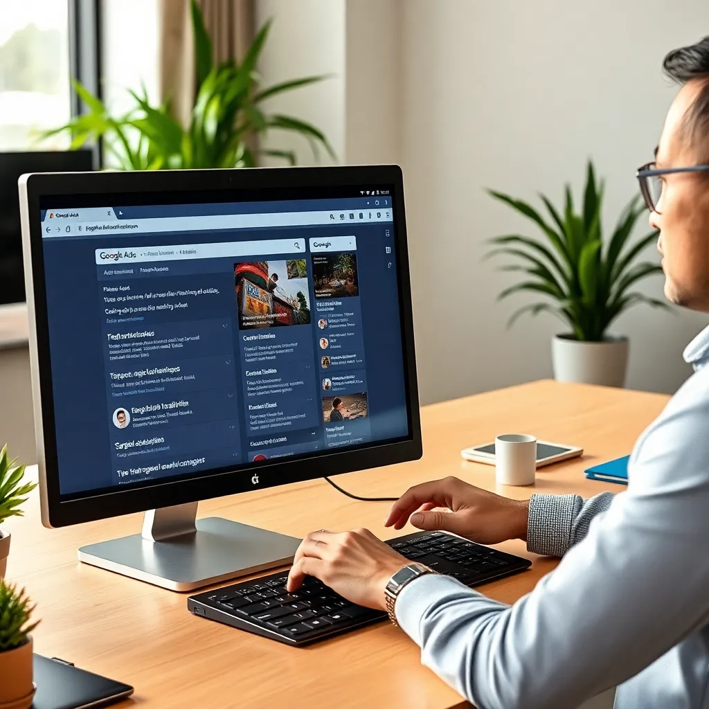 Маркетолог анализирует данные Google Ads на компьютере