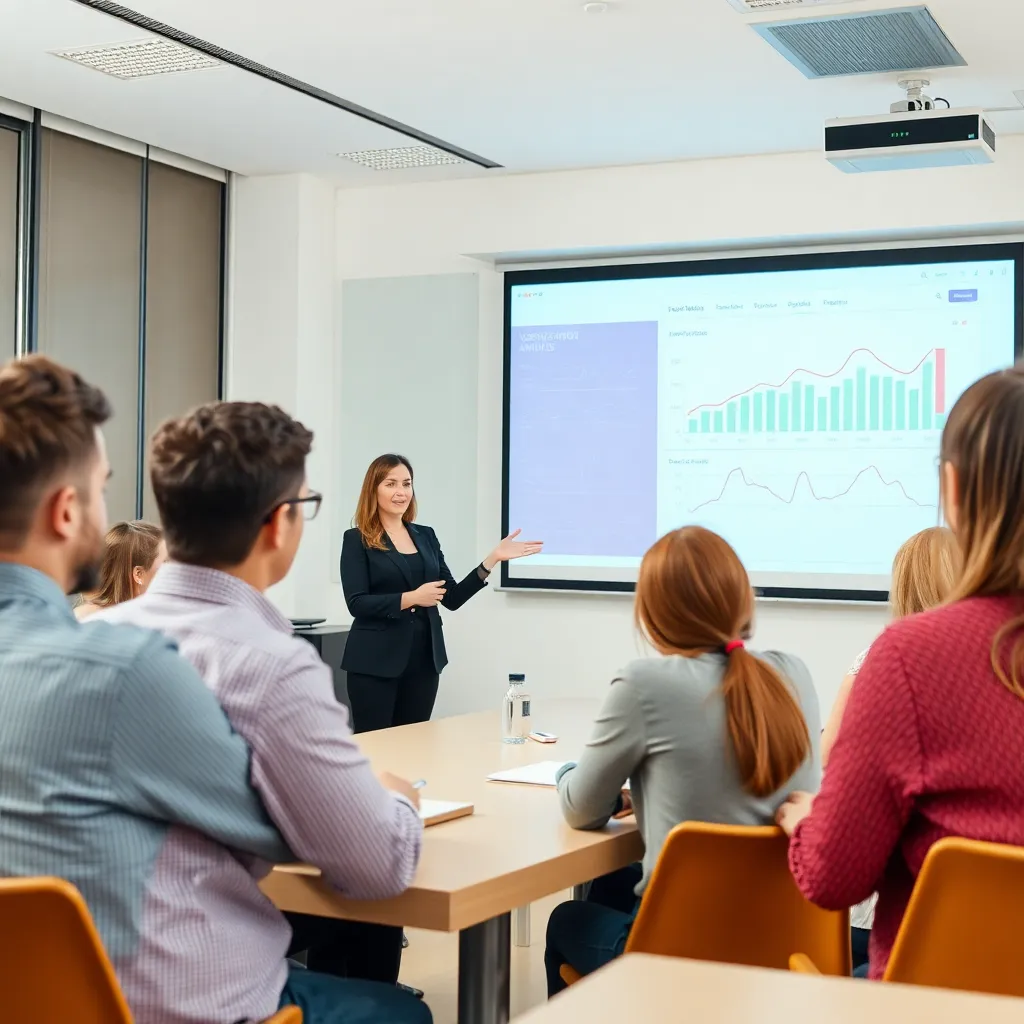 Преподаватель объясняет стратегии таргетированной рекламы группе студентов