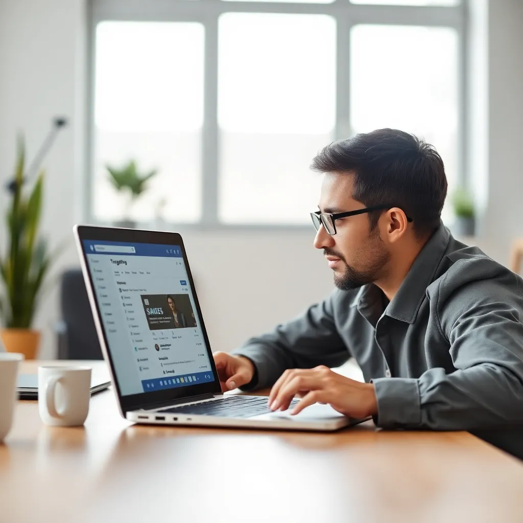 Специалист по таргетированной рекламе работает с интерфейсом Facebook Ads